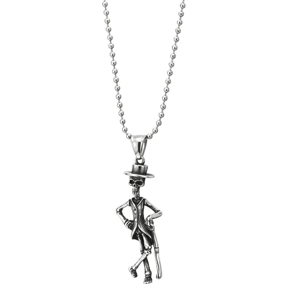 Mens Women Chic Steel Gentleman Arm Akimbo Leaning Skull with Hat Pendant Necklace 23.6 in Chain - COOLSTEELANDBEYOND Jewelry
