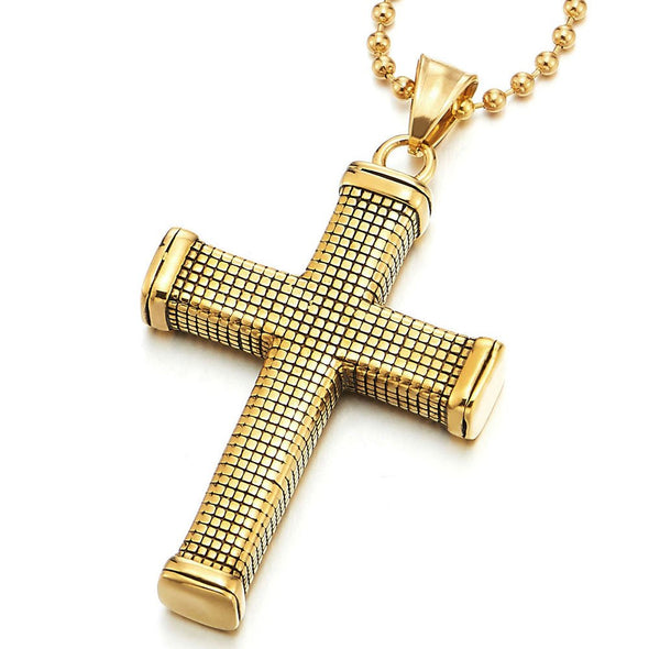 Mens Women Gold Color Checker Pattern Cross Pendant Necklace Stainless Steel with 30 inch Ball Chain - COOLSTEELANDBEYOND Jewelry