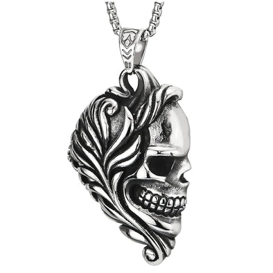 Mens Women Gothic Steel Curly Hair Skull in Profile Pendant Necklace with 30 inches Wheat Chain - COOLSTEELANDBEYOND Jewelry