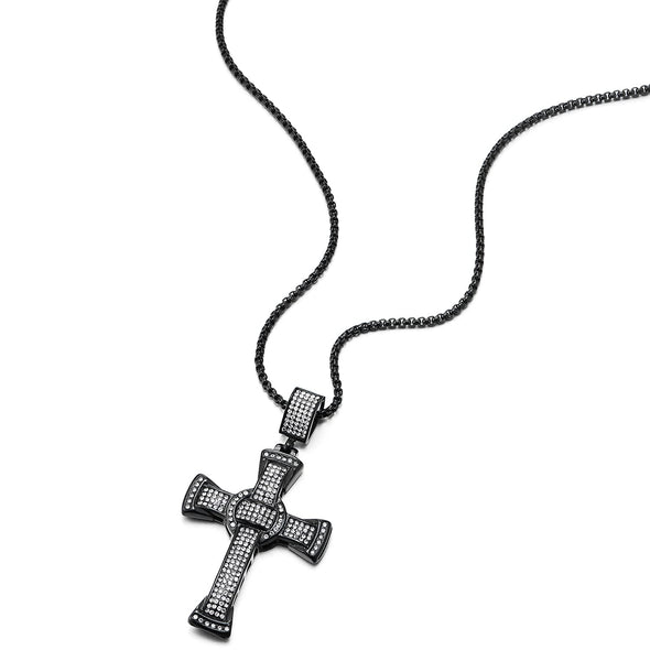 Mens Women Large Steel Black Cross Pendant Necklace with Cubic Zirconia and 30 inches Wheat Chain - COOLSTEELANDBEYOND Jewelry
