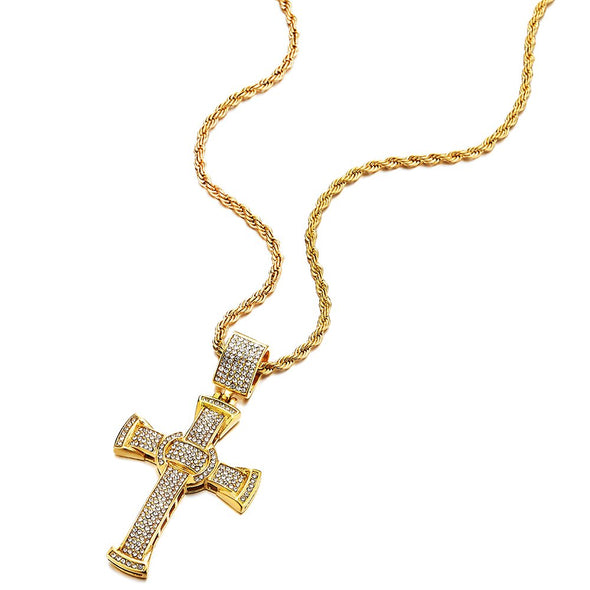 COOLSTEELANDBEYOND Mens Women Large Steel Gold Cross Pendant Necklace with Cubic Zirconia and 30 inches Rope Chain - coolsteelandbeyond