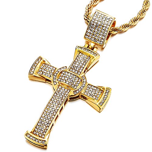 COOLSTEELANDBEYOND Mens Women Large Steel Gold Cross Pendant Necklace with Cubic Zirconia and 30 inches Rope Chain - coolsteelandbeyond