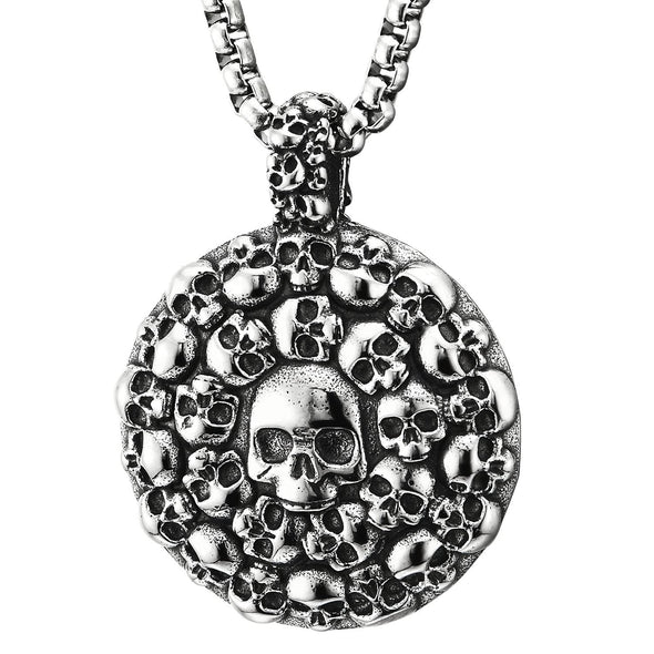 Mens Women Retro Style Steel Spinning Circle of Skulls Pendant Necklace with and 23.6 in Chain - COOLSTEELANDBEYOND Jewelry