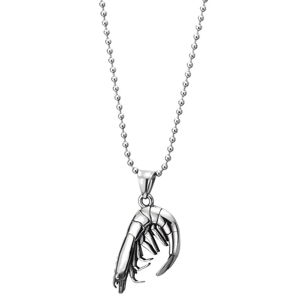 Mens Women Shrimp Pendant Necklace Stainless Steel, 23.6 in Ball Chain Unique - COOLSTEELANDBEYOND Jewelry