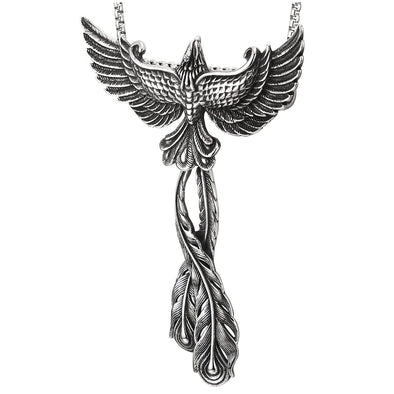 Mens Women Splendid Steel Large Phoenix Pendant Necklace with Movable Tail Feather, 30 in Chain - COOLSTEELANDBEYOND Jewelry