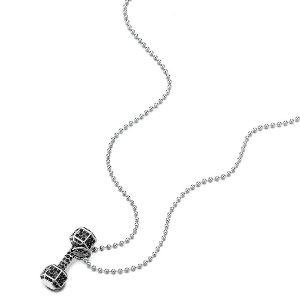 Mens Women Stainless Steel Barbell Dumbbell Pendant Necklace with Black Cubic Zirconia - COOLSTEELANDBEYOND Jewelry