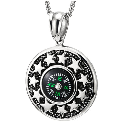 Mens Women Stainless Steel Large Circle Star Pendant Necklace with Compass and 30 inches Wheat Chain - COOLSTEELANDBEYOND Jewelry