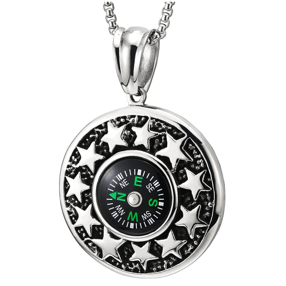 Mens Women Stainless Steel Large Circle Star Pendant Necklace with Compass and 30 inches Wheat Chain - COOLSTEELANDBEYOND Jewelry