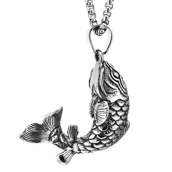 Mens Women Stainless Steel Lucky Koi Fish Goldfish Pendant Necklace with 23.6 inches Wheat Chain - COOLSTEELANDBEYOND Jewelry