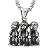 Mens Women Stainless Steel Three Monkeys Apes Meme Pendant Necklace with 23.6 inches Wheat Chain - COOLSTEELANDBEYOND Jewelry