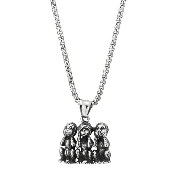 Mens Women Stainless Steel Three Monkeys Apes Meme Pendant Necklace with 23.6 inches Wheat Chain - COOLSTEELANDBEYOND Jewelry