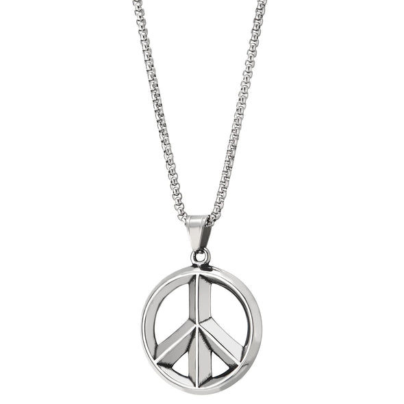Mens Women Steel Anti-War Peace Sign Pendant Necklace, 30 inches Wheat Chain - COOLSTEELANDBEYOND Jewelry