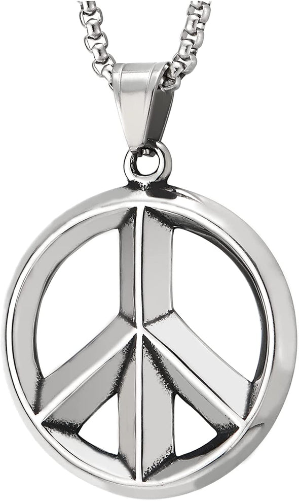 Mens Women Steel Anti-War Peace Sign Pendant Necklace, 30 inches Wheat Chain - COOLSTEELANDBEYOND Jewelry