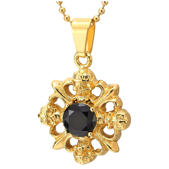 Mens Women Steel Gold Color Skull Fleur De Lis Pendant Necklace Black Crystal Bead, 30 in Ball Chain - COOLSTEELANDBEYOND Jewelry