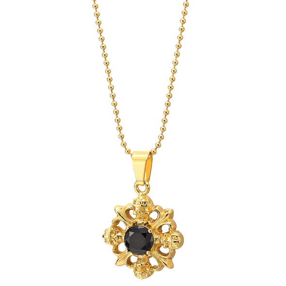 Mens Women Steel Gold Color Skull Fleur De Lis Pendant Necklace Black Crystal Bead, 30 in Ball Chain - COOLSTEELANDBEYOND Jewelry
