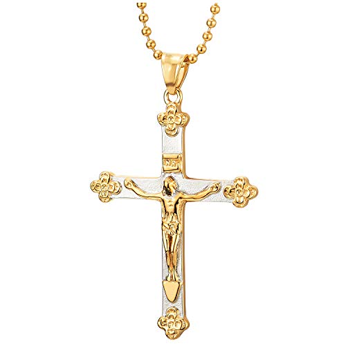Mens Women Steel Jesus Christ Crucifix Cross Pendant Necklace, Silver Gold, 30 inches Ball Chain - coolsteelandbeyond