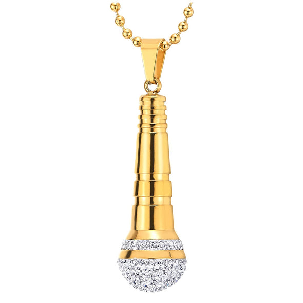 Mens Women Steel Microphone Pendant Necklace with Cubic Zirconia, Gold White, 30 inches Ball Chain - COOLSTEELANDBEYOND Jewelry