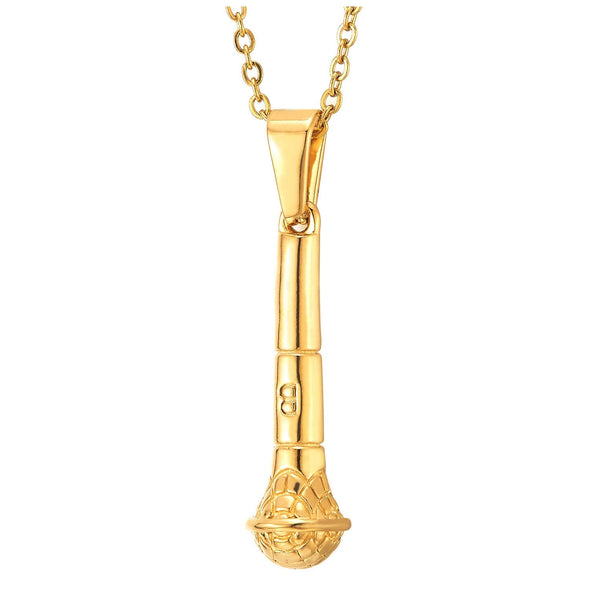 Mens Women Steel Small Gold Color Microphone Pendant Necklace, 20 inches Rope Chain - coolsteelandbeyond