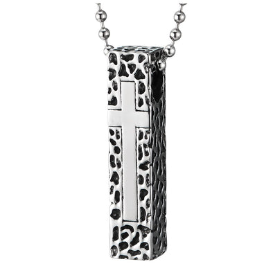 Mens Women Steel Textured Cuboid Pillar Bible Cross Pendant Necklace, with 30 in Chain - COOLSTEELANDBEYOND Jewelry
