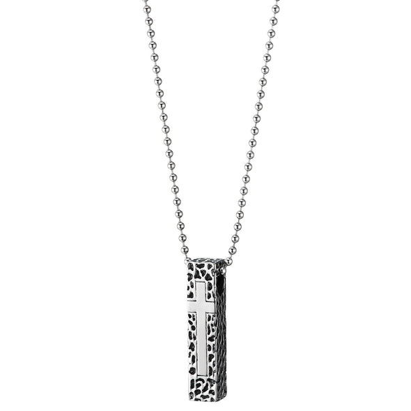 Mens Women Steel Textured Cuboid Pillar Bible Cross Pendant Necklace, with 30 in Chain - COOLSTEELANDBEYOND Jewelry