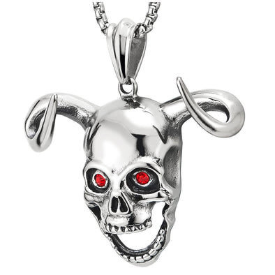 Mens Women Steel Vintage Goat Head Swirl Horn Devil Skull Pendant Necklace, 30 Inches Wheat Chain - COOLSTEELANDBEYOND Jewelry
