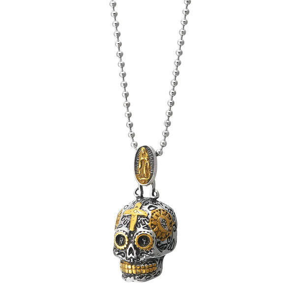 Mens Women Steel Vintage Silver Gold Sugar Skull Pendant Necklace Cross and Sun Ray 30 in Ball Chain - COOLSTEELANDBEYOND Jewelry