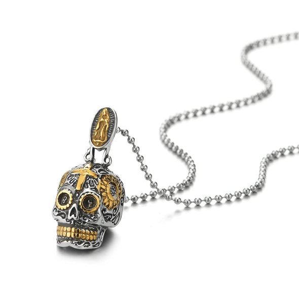 Mens Women Steel Vintage Silver Gold Sugar Skull Pendant Necklace Cross and Sun Ray 30 in Ball Chain - COOLSTEELANDBEYOND Jewelry