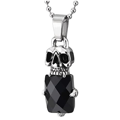 Mens Women Steel Vintage Skull Black Crystal Bead Pendant Necklace 23.6 inches Ball Chain - COOLSTEELANDBEYOND Jewelry