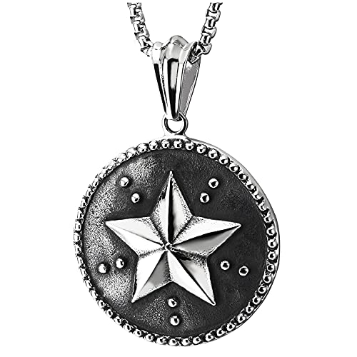 Mens Women Steel Vintage Star Pentagram Dotted Circle Medal Pendant Necklace, 30 inches Wheat Chain - COOLSTEELANDBEYOND Jewelry