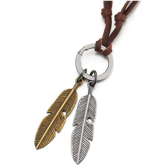 Mens Women Two Aged Brass Bronze Feathers Pendant Adjustable Brown Leather Cord Unisex Necklace - COOLSTEELANDBEYOND Jewelry