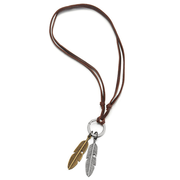 Mens Women Two Aged Brass Bronze Feathers Pendant Adjustable Brown Leather Cord Unisex Necklace - COOLSTEELANDBEYOND Jewelry