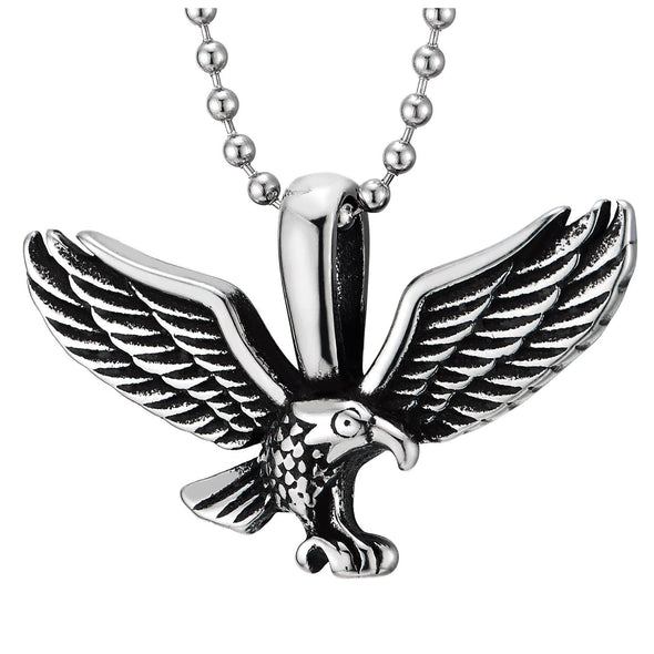 Mens Women Vintage Flying Eagle Pendant Necklace in Stainless Steel, 23.6 inches Ball Chain - COOLSTEELANDBEYOND Jewelry