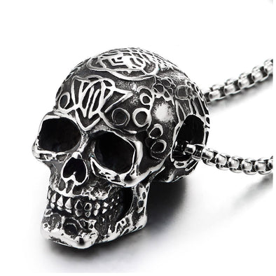 Mens Women Vintage Stainless Steel Fancy Sugar Skull Pendant Necklace with 23.6 inches Wheat Chain - COOLSTEELANDBEYOND Jewelry
