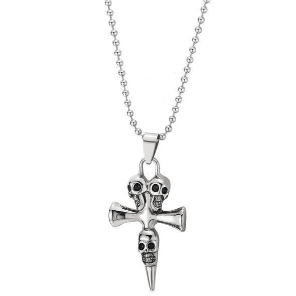 Mens Women Vintage Steel Gothic Skulls Spiked Cross Pendant Necklace, 23.6 inches Ball Chain - coolsteelandbeyond