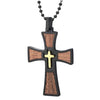 Mens Womens Black Gold Steel Wood Cross Pendant Necklace with 30 inches Ball Chain, Inlay Design - coolsteelandbeyond