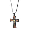 Mens Womens Black Gold Steel Wood Cross Pendant Necklace with 30 inches Ball Chain, Inlay Design - coolsteelandbeyond