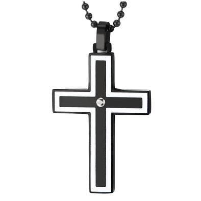 Mens Womens Black Steel Cross Pendant Necklace with Screw and White Enamel, 30 inches Ball Chain, - COOLSTEELANDBEYOND Jewelry