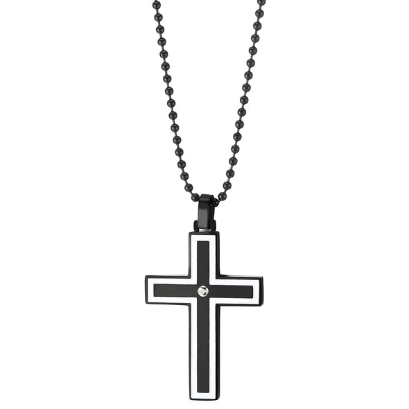 Mens Womens Black Steel Cross Pendant Necklace with Screw and White Enamel, 30 inches Ball Chain, - COOLSTEELANDBEYOND Jewelry