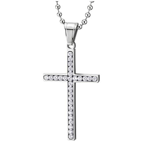 Mens Womens Cubic Zirconia Cross Pendant Necklace, Stainless Steel, 23.6 inches Ball Chain - COOLSTEELANDBEYOND Jewelry