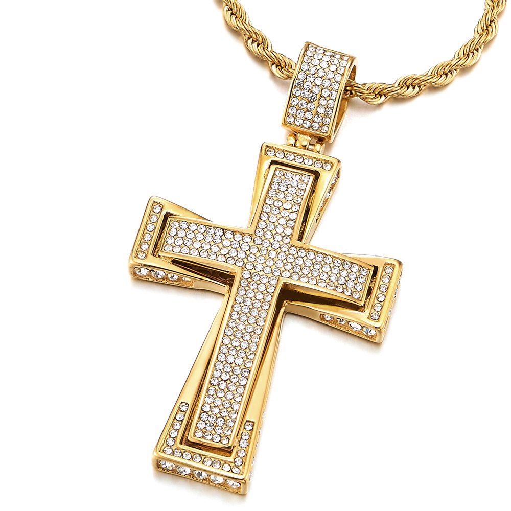Mens Womens Large Steel Cross Pendant Necklace with Cubic Zirconia and ...