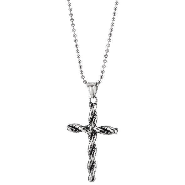 Mens Womens Stainless Steel Twisted Braided Cross Pendant Necklace, 30 inches Ball Chain - COOLSTEELANDBEYOND Jewelry