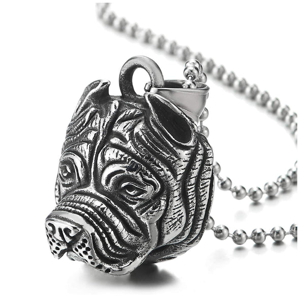 Mens Womens Stainless Steel Vintage Pit Bull Bull Dog Head Pendant Necklace with 30 in Ball Chain - COOLSTEELANDBEYOND Jewelry