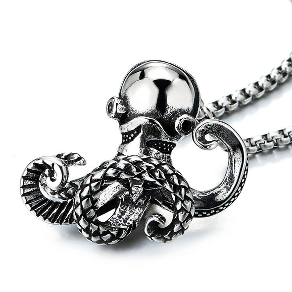 Mens Womens Stainless Steel Vintage Solid Octopus Pendant Necklace with 23.6 inches Wheat Chain - COOLSTEELANDBEYOND Jewelry