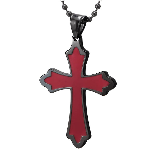 Mens Womens Steel Black Patonce Cross Pendant Necklace with Red Enamel, 23.6 inches Ball Chain - COOLSTEELANDBEYOND Jewelry