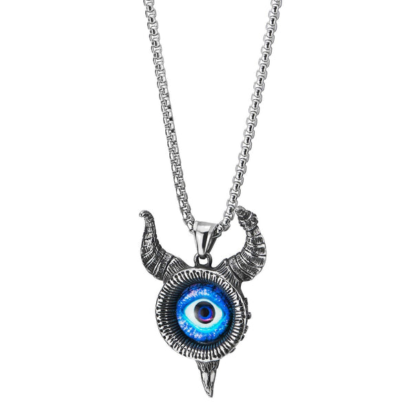 Mens Womens Steel Blue Evil Eye Protection Vintage Goat Bull Horn Eagle Bird Head Pendant Necklace - coolsteelandbeyond