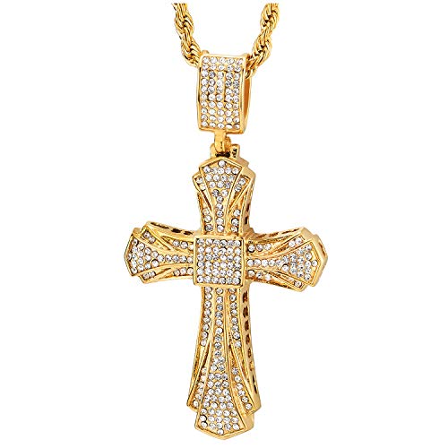 Mens Womens Steel Gold Color Large Fancy Cross Pendant Necklace with Cubic Zirconia 30 in Rope Chain