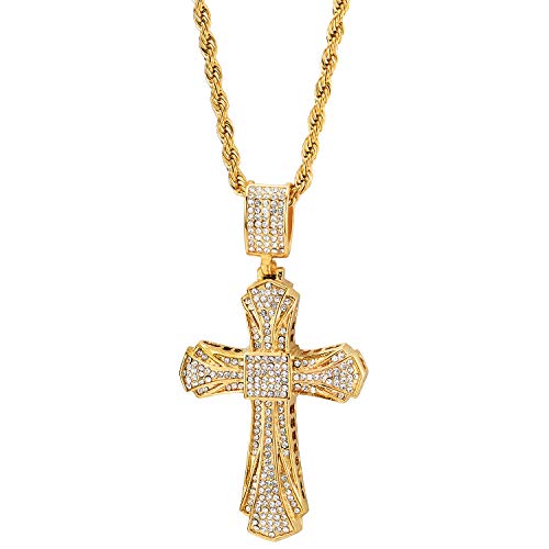 Mens Womens Steel Gold Color Large Fancy Cross Pendant Necklace with Cubic Zirconia 30 in Rope Chain