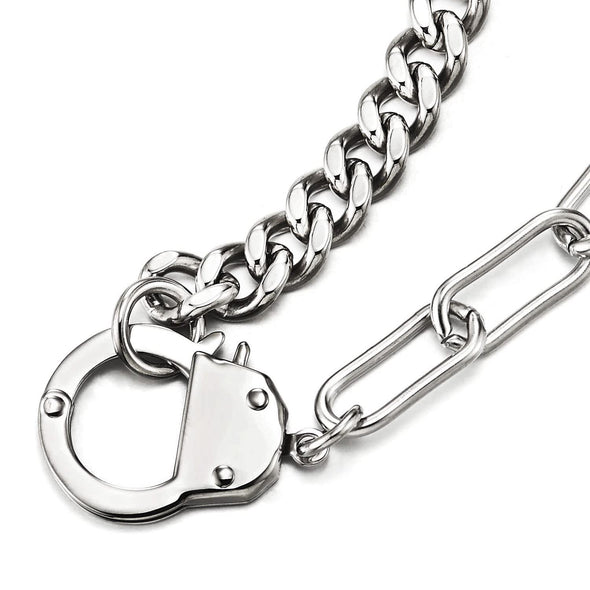 Mens Womens Steel Handcuff Necklace Link Chain Curb Chain Silver Color, 18 inches , Punk Rock - COOLSTEELANDBEYOND Jewelry