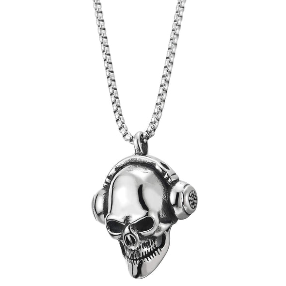 Mens Womens Steel Headphone Skull Pendant Necklace, 30 inches Wheat Chain, Gothic Biker - coolsteelandbeyond