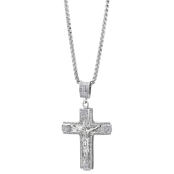 Mens Womens Steel Large Jesus Christ Crucifix Cross Pendant Necklace with CZ and 30 in Wheat Chain - COOLSTEELANDBEYOND Jewelry
